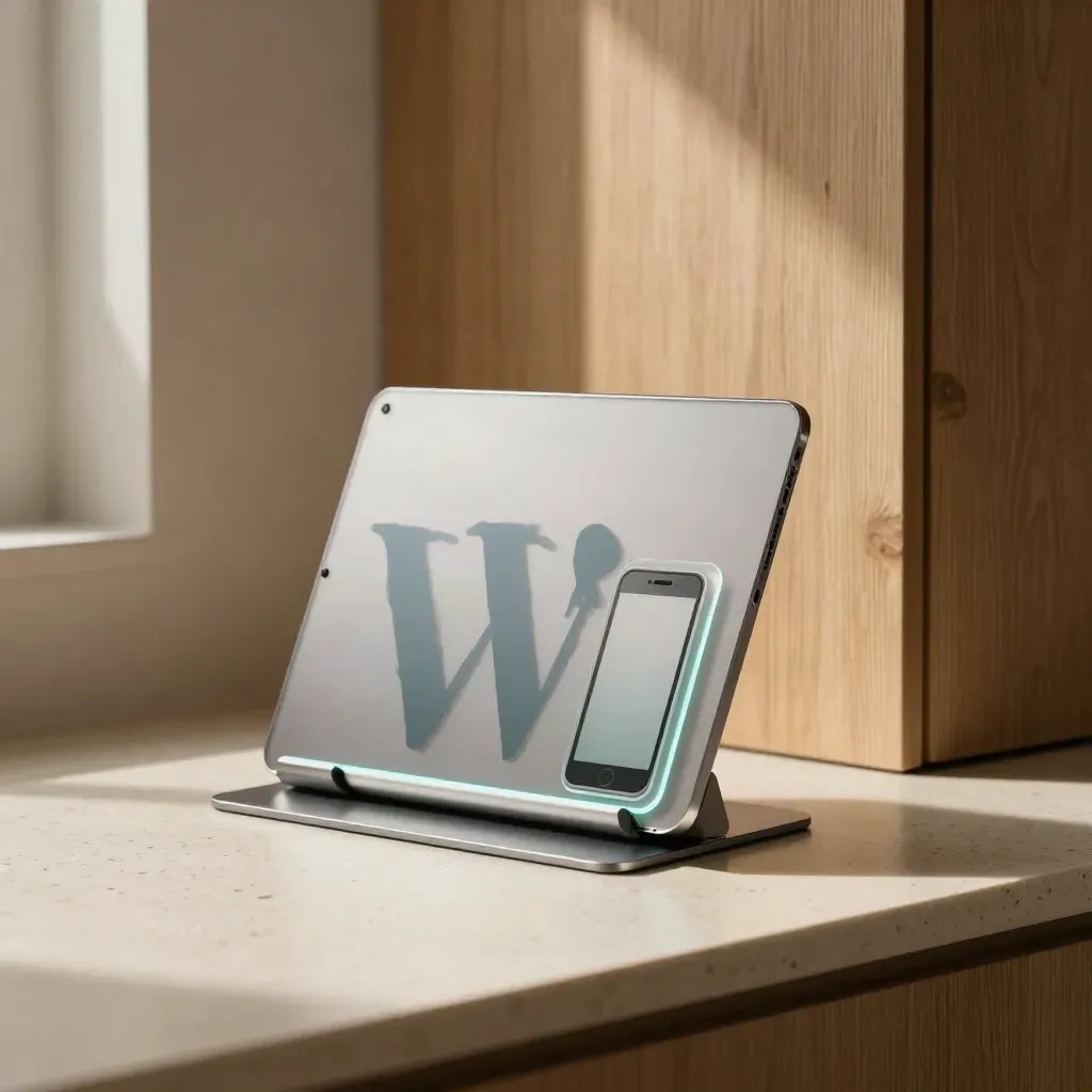 Pannello WordPress astratto con tablet, desktop e mobile in acrilico su base di travertino