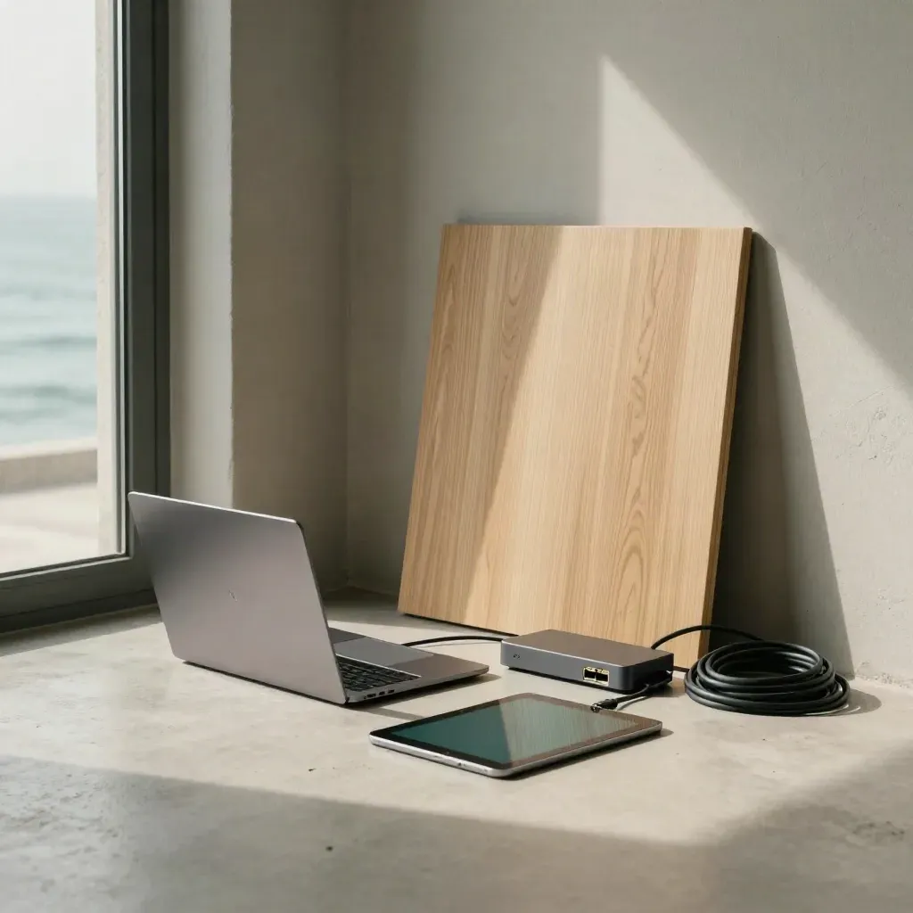 Corner di studio web dopo la pioggia con laptop, tablet, cavi e luce cinematica