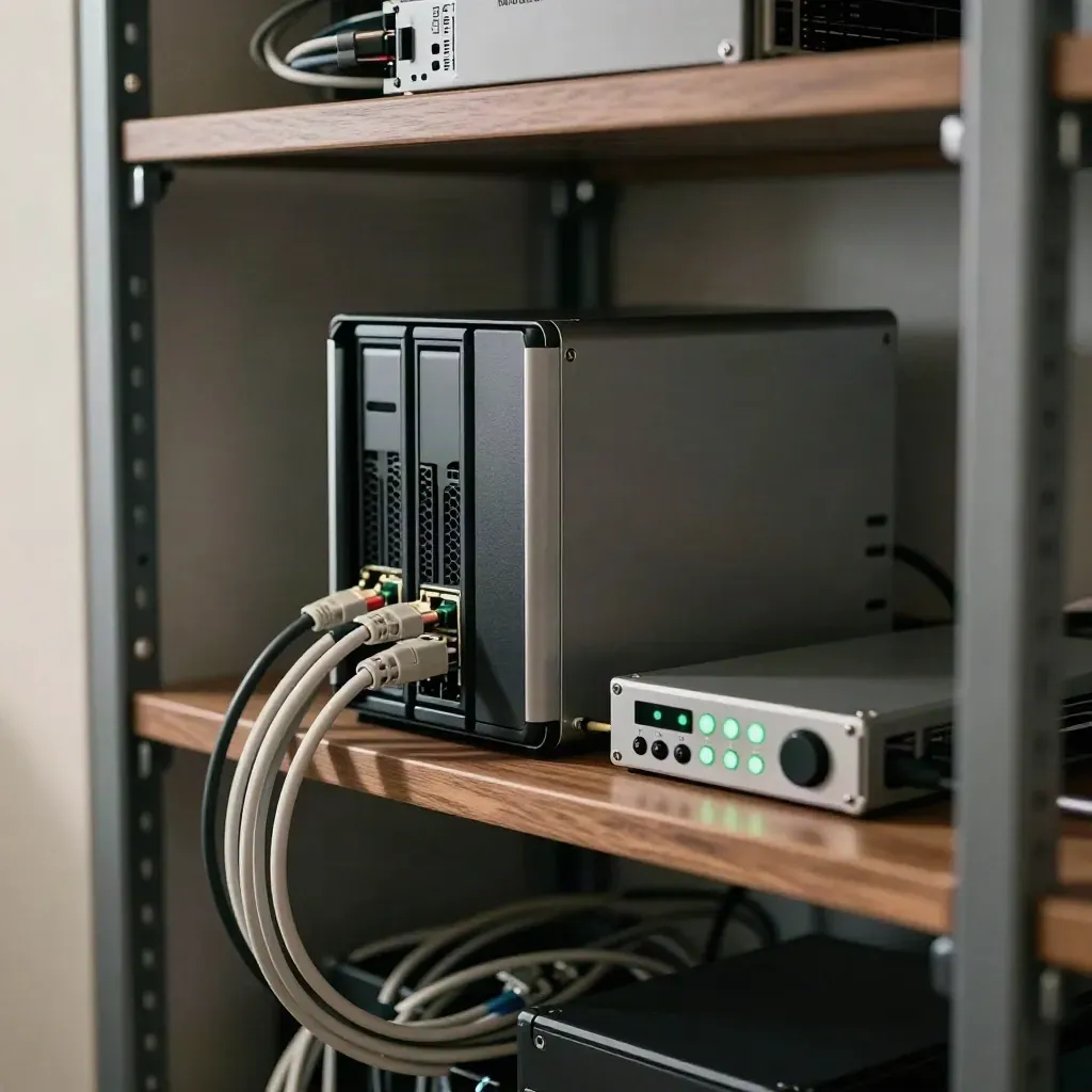 Scaffale server con drive di backup, cavi patch e luci verdi in un vano tecnico.