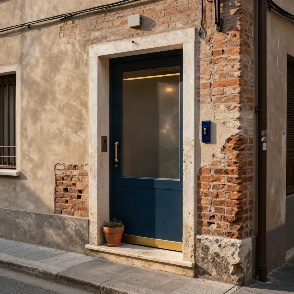 Ingresso di negozio ravennate all’angolo, mattoni caldi e luce morbida sulla soglia.