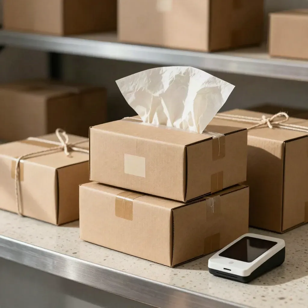 Scatole e pacchi e-commerce su travertino, con carta velina in movimento e lettore carte compatto.