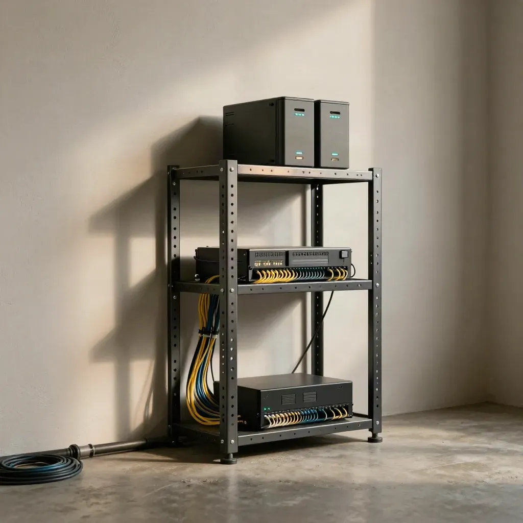 Rack di rete, modem e UPS in un vano tecnico con luce cinematografica