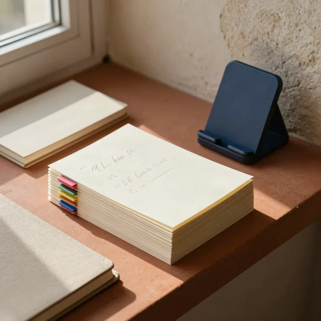 Carte contenuto, tabs colorati e supporto telefono su mensola in terracotta, luce morbida.
