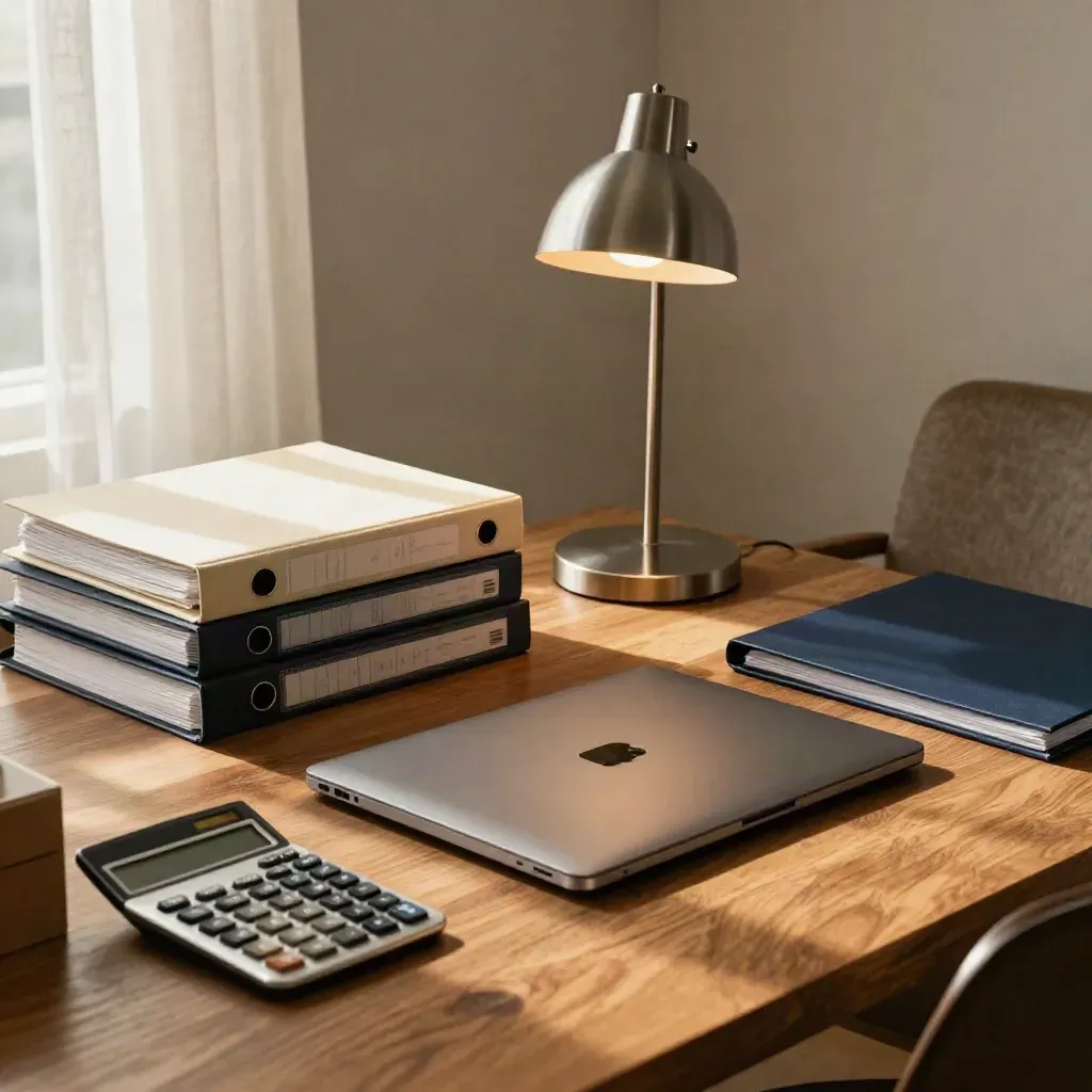 Ufficio consulente fiscale caldo e ordinato con laptop chiuso, calcolatrice e lampada da tavolo