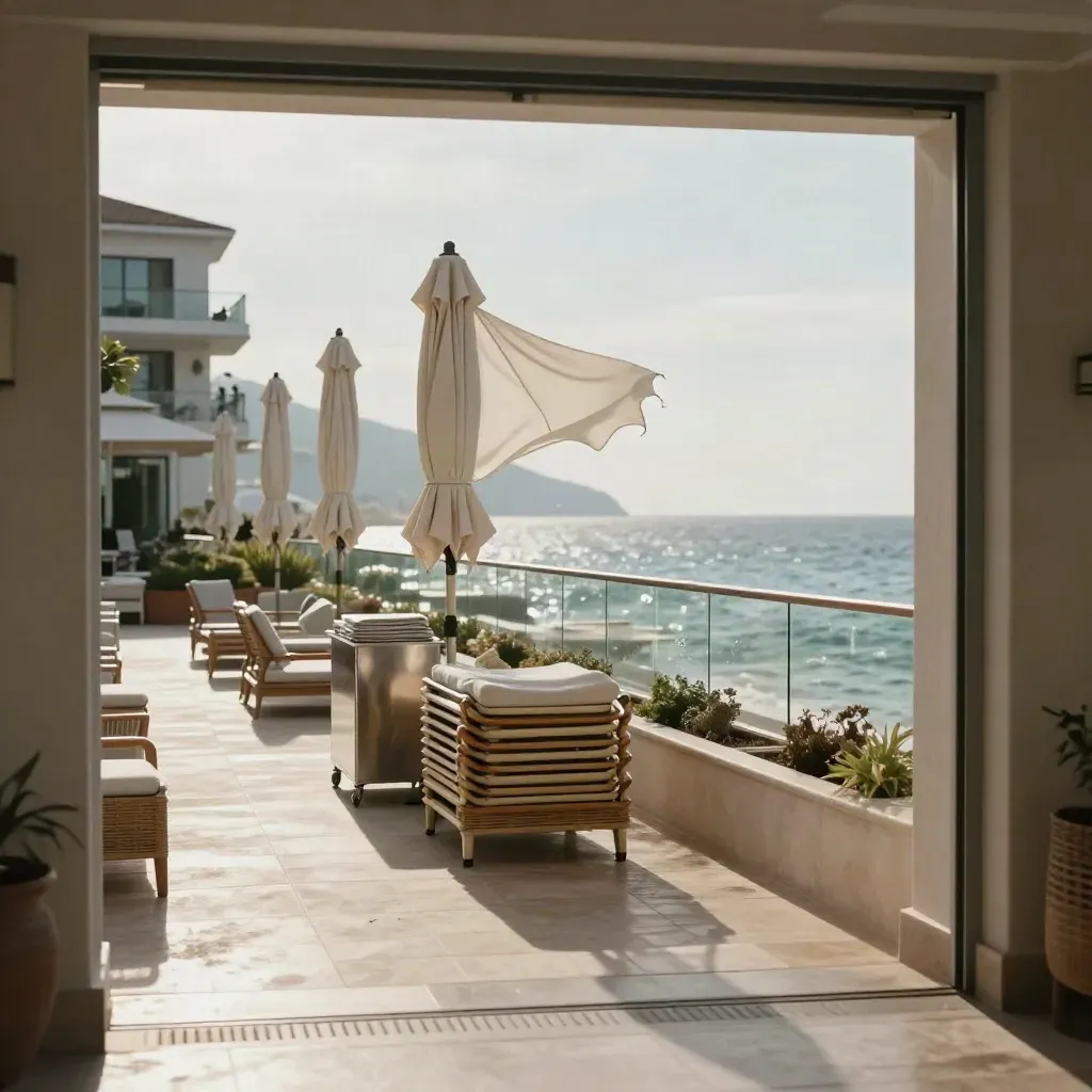 Terrazza di hotel sul mare vuota con ombrelloni chiusi, vetro e riflessi del mare