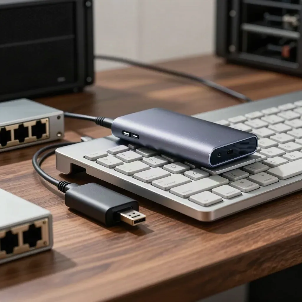Tastiera in alluminio, hub USB-C, adattatore Ethernet e backup drive su banco di legno.