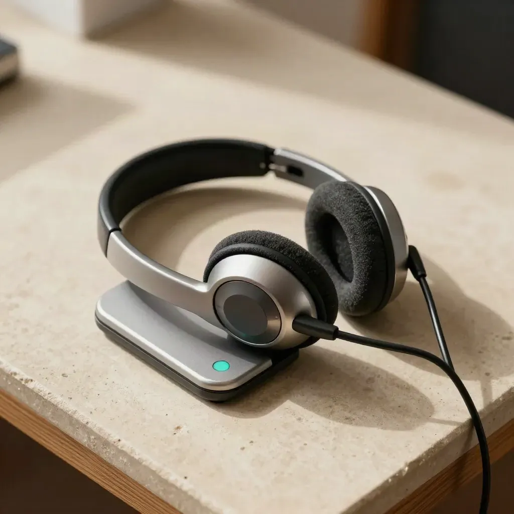 Stazione di supporto con headset, dock telefonico e hub luminoso su pietra calda.
