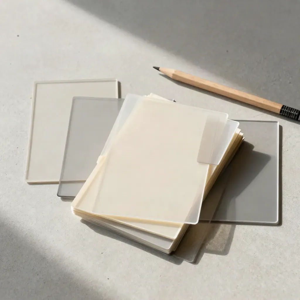 Flat lay dall'alto di card modulari, blocchi trasparenti, tab grigie e una matita su cemento chiaro.