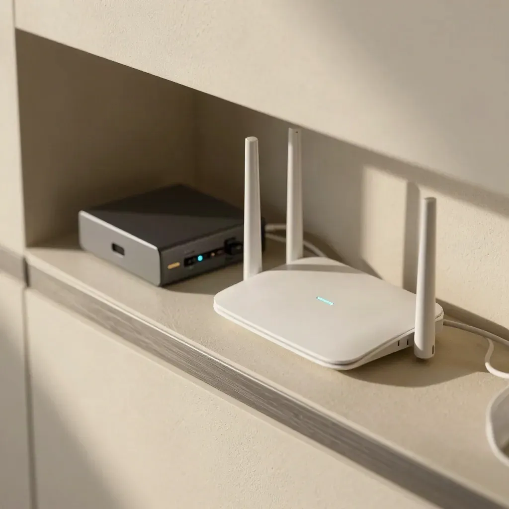 Router, SSD e modem illuminato su mensola tecnica chiara con cavo arrotolato