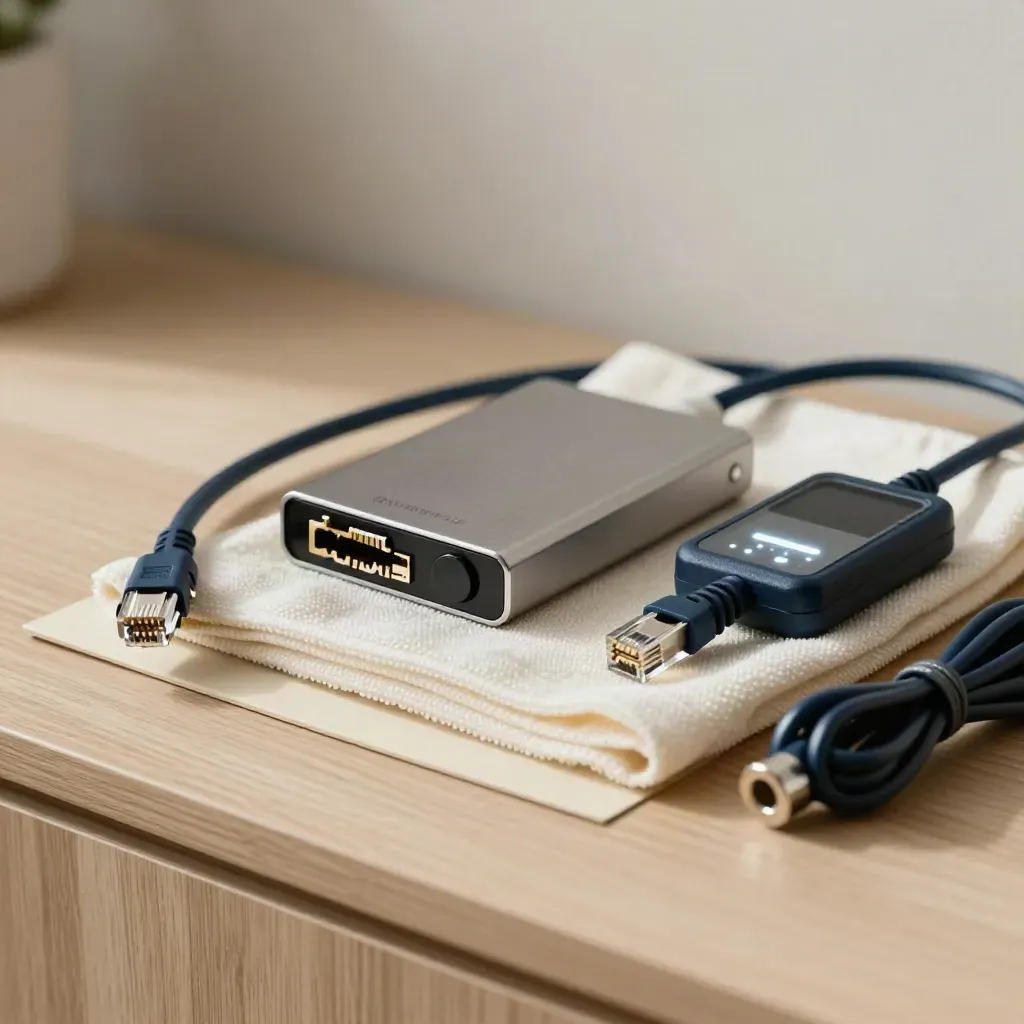 Kit di manutenzione web su legno chiaro con cavo ethernet, drive, panno e unità LED.
