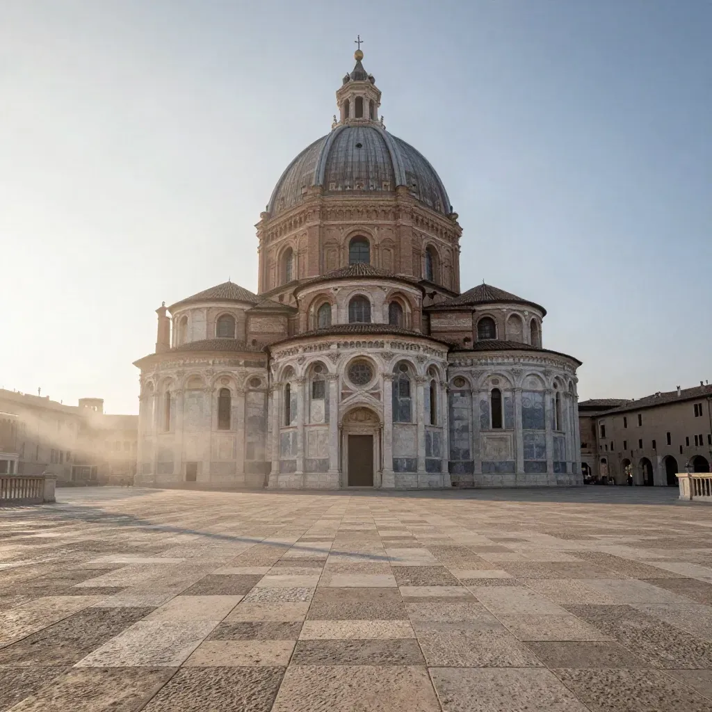 Basilica di San Vitale all’alba sopra una terrazza di travertino avvolta nella nebbia
