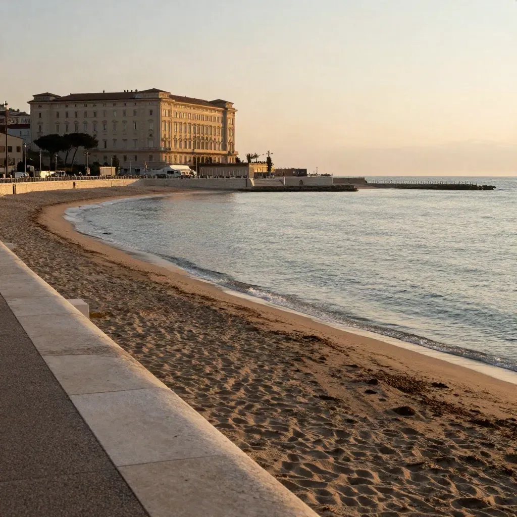Veduta del lungomare di Rimini al tramonto con il Grand Hotel e spiaggia vuota.