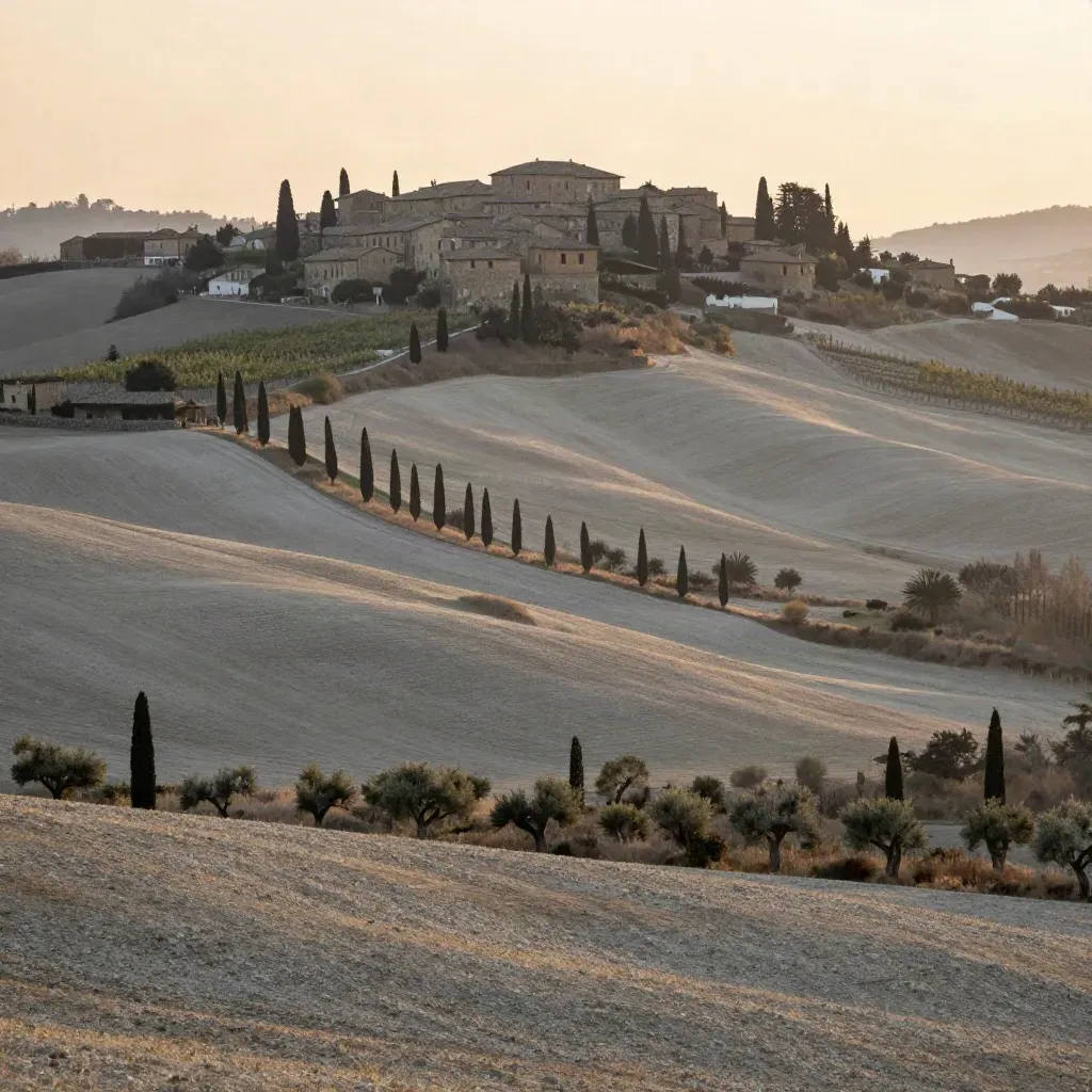 Colline di Bertinoro al tramonto con cipressi e campi chiari avvolti nella foschia.