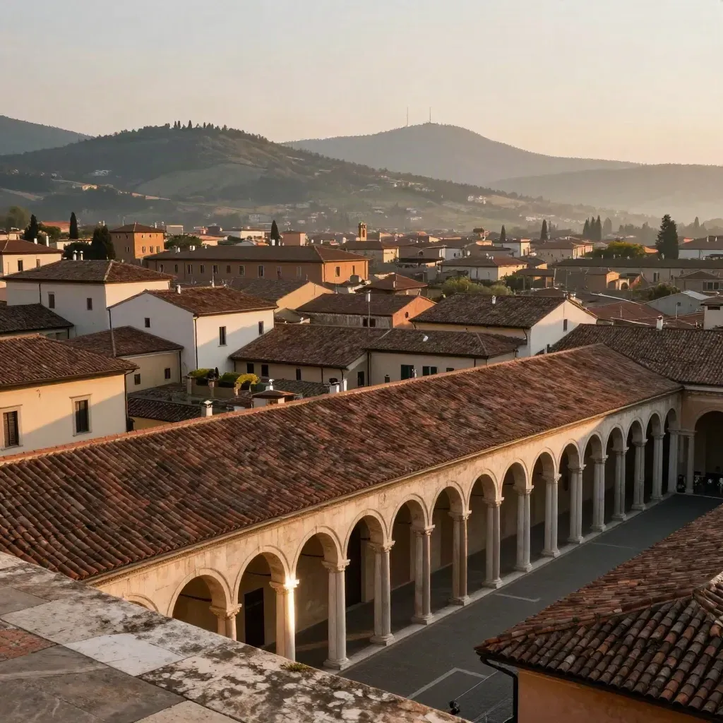 Portico di San Luca su colline bolognesi in luce calda e foschia dorata.