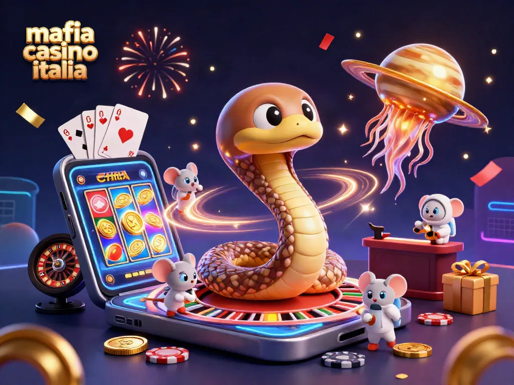 Mafia casino italia showcases a thrilling cosmic roulette scene with a Saturn snake and betting mice.